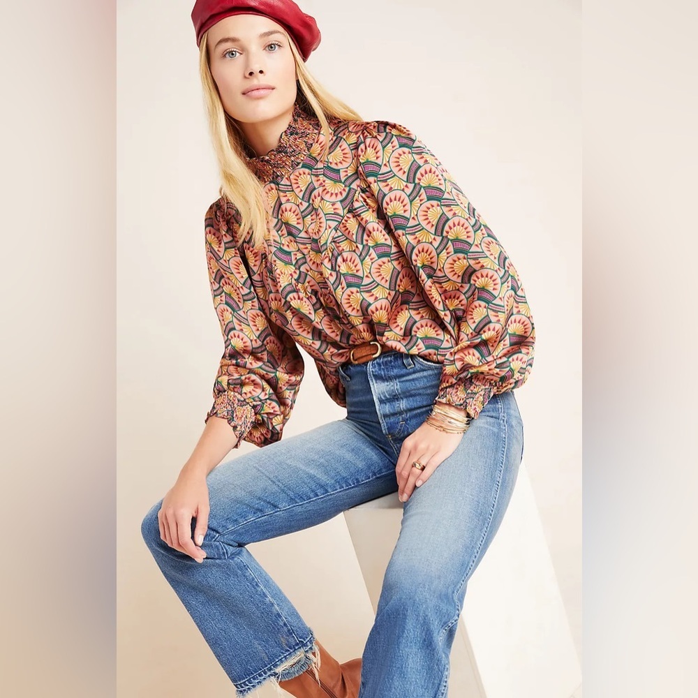 Anthropologie Multicolor Southwestern Printed Ruffled Mock-Neck Blouse